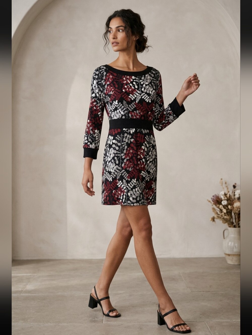 Merona Black Floral Print Long-Sleeve Dress/Tunic Women's Size XL